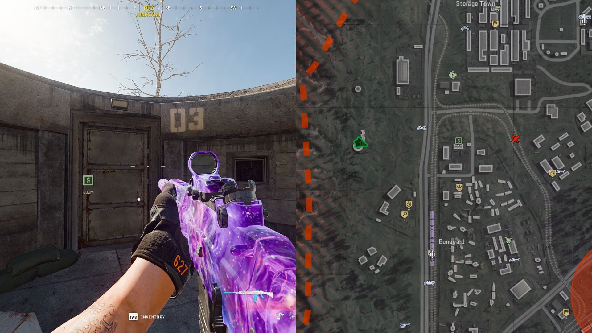 Location of Bunker 03 in Verdansk (Images via Sportskeeda Gaming || Activision)